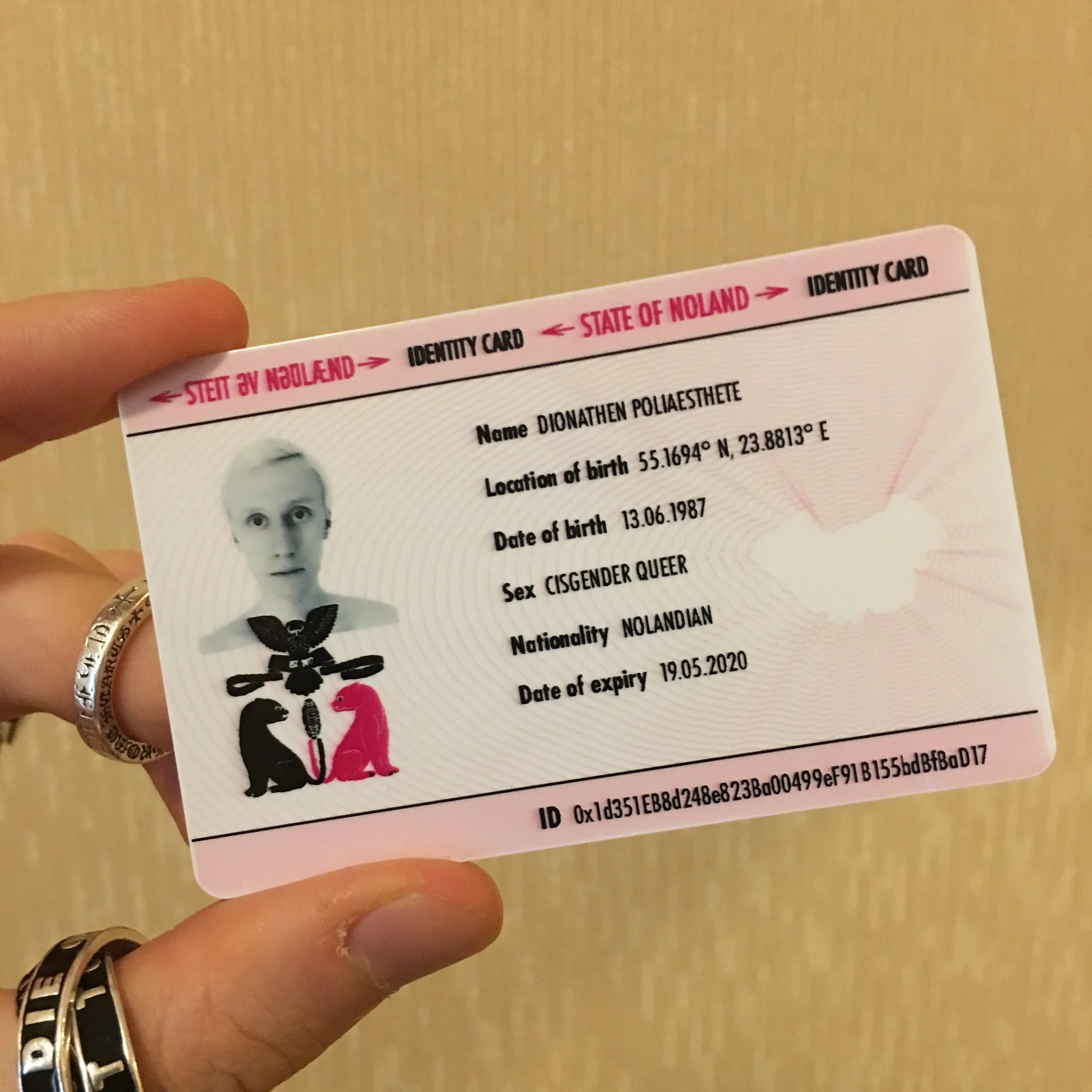 "The Identity Card of a Nolandian", printed plastic, 2018