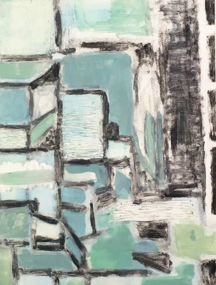 Rooftop View #2 , Astrid Ho, 2018, monotype on washi, 9.75" x 8" paper. In individual’s art collection.