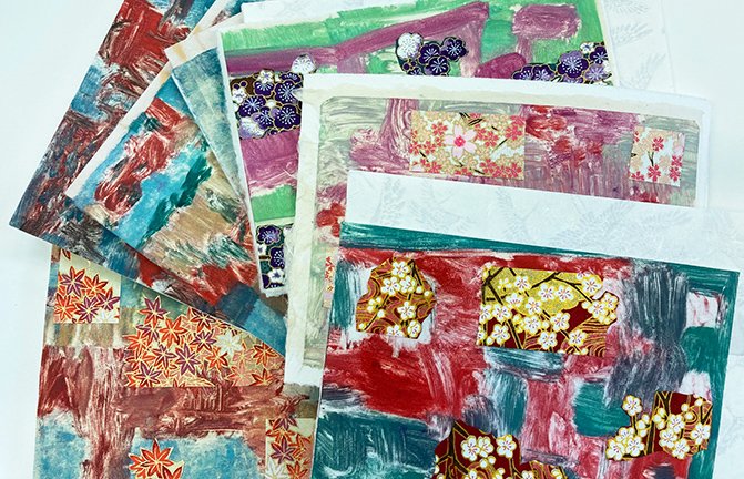  Handmade greeting cards with monotype and Chiyogami on washi and chine collé on paper with washi envelopes. All by Astrid Ho, 2023. 