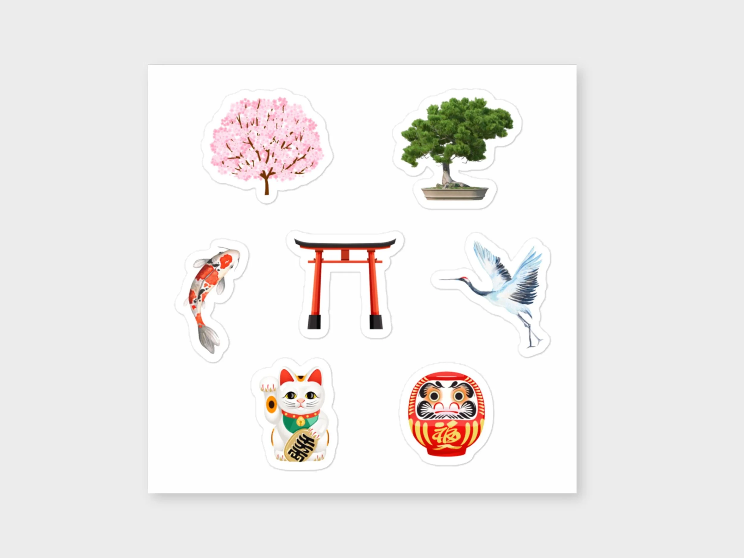 Japanese Culture Art Sticker Set: Cherry Blossom, Koi, Bonsai