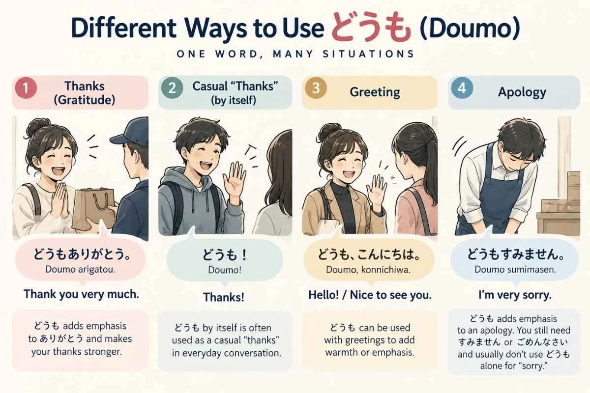 Different ways to use doumo (どうも) in Japanese, including thanks, greetings, and apologies