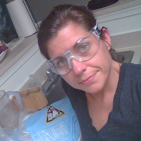 Dry ice experiments in my kitchen. Racquetball goggles for eye-protection. Safety first.