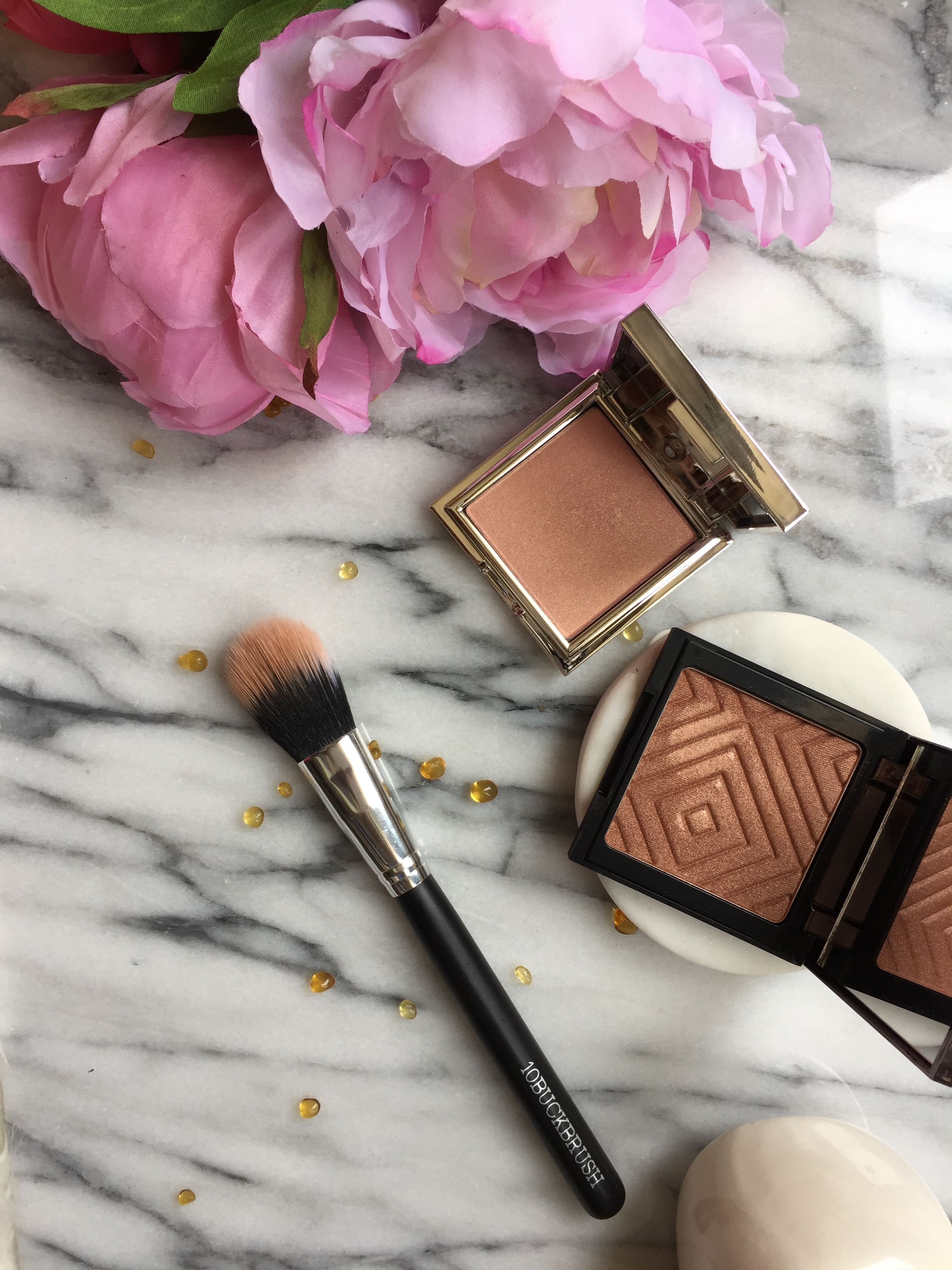 Makeup Geek Fireworks Highlighter and Jouer Rose Gold and Hanna Stippling Brush