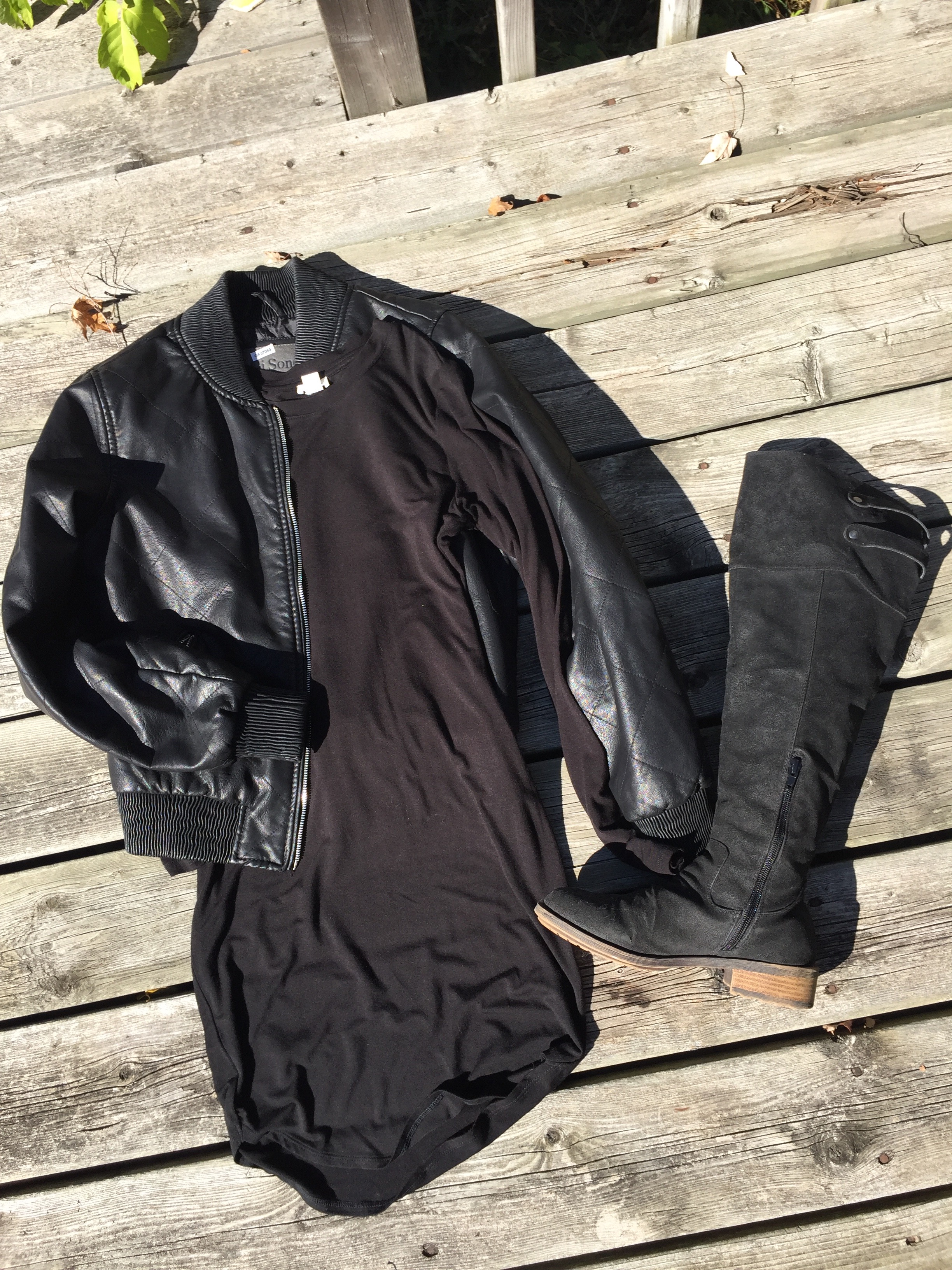 Black Long Sleeve Dress with Faux Leather Jacket and Black Knee High Boots