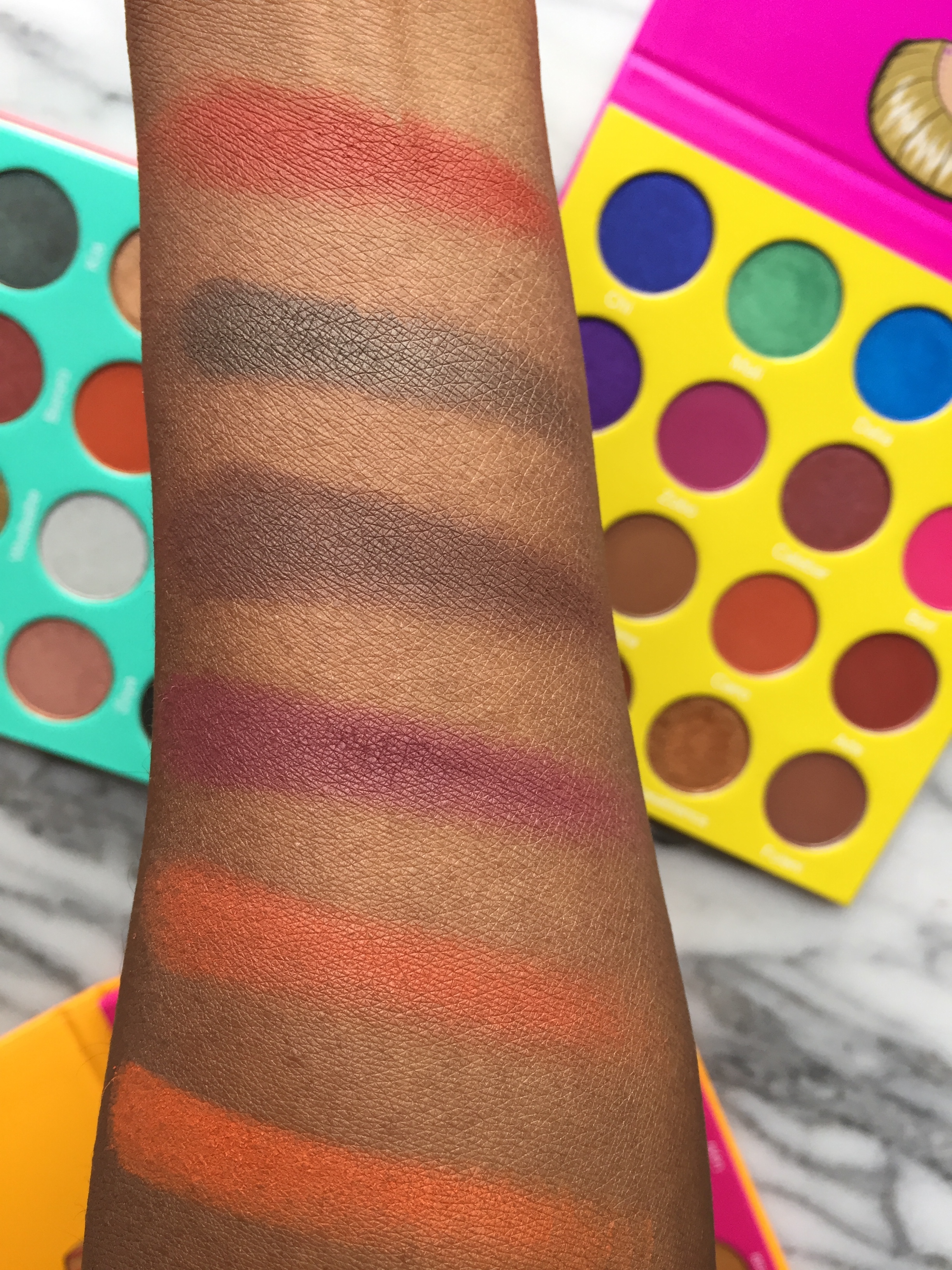 Juvia’s Place Palette Comparison | L to R: (N2) Morocco, (S) Jamila, (N2) Jezebel, (N2) Kenya, (N1) #12, (M) Ada