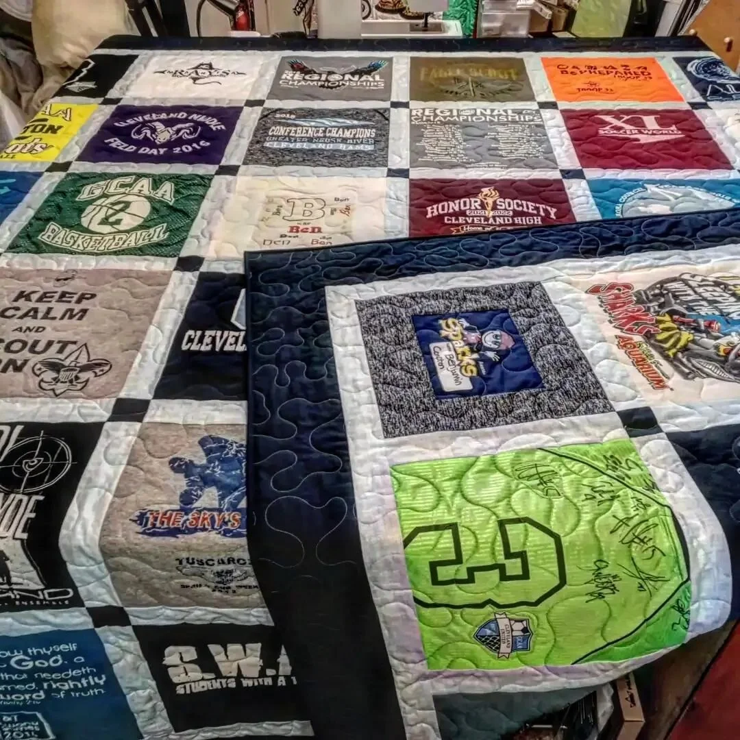 A Classic quilt from the past...this one is double-sided. Double-sided is a great option if you have a lot of shirts, and they are all important.  The sides can be different, too, so you can have two different color options for the quilt.
#finishedf