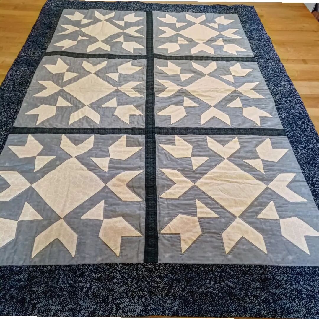 The third and final quilt from this customer! These quilts have all been quilt as you go block programs, and on the last slide you can see that participants initialed their blocks with embroidery, and you can see the hand quilting along with my machi