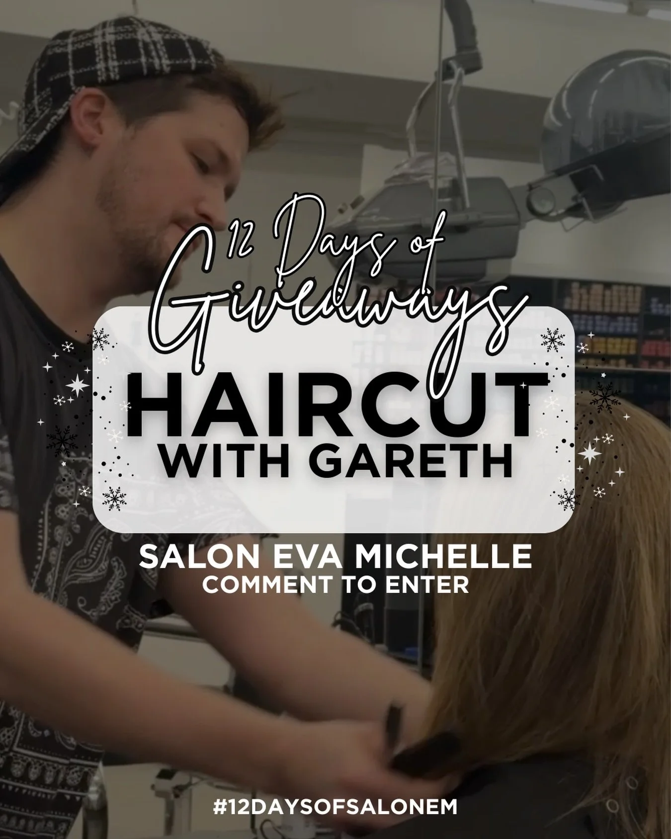 IT&rsquo;S TIME! 🤫🎁
Salon Eva Michelle&rsquo;s 12 Days of Giveaways is HERE! For the next 12 days we&rsquo;ll be posting daily giveaways including services, apparel, and luxury hair care items!

DAY 1: Haircut with Gareth 🖤
RULES TO ENTER:
- Must 