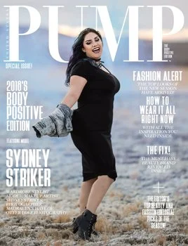 Woman smiling and posing outdoors on rocky terrain, wearing a black t-shirt, black pants, and black boots, with a magazine cover overlay titled 'PUMP' in large letters.