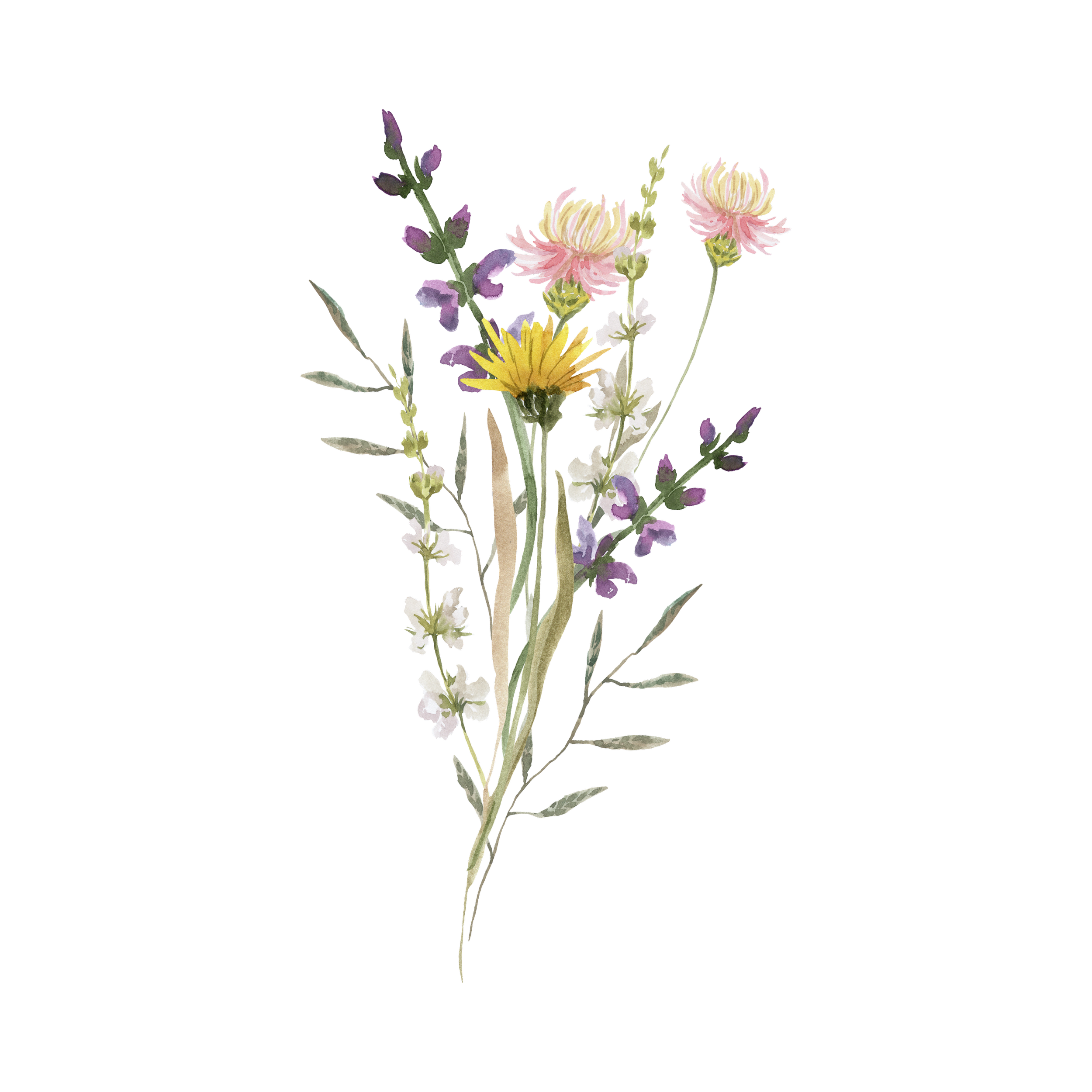 Watercolor illustration of a bouquet of mixed flowers including pink chrysanthemums, yellow daisies, purple lavender, and small white blossoms with green leaves and stems.