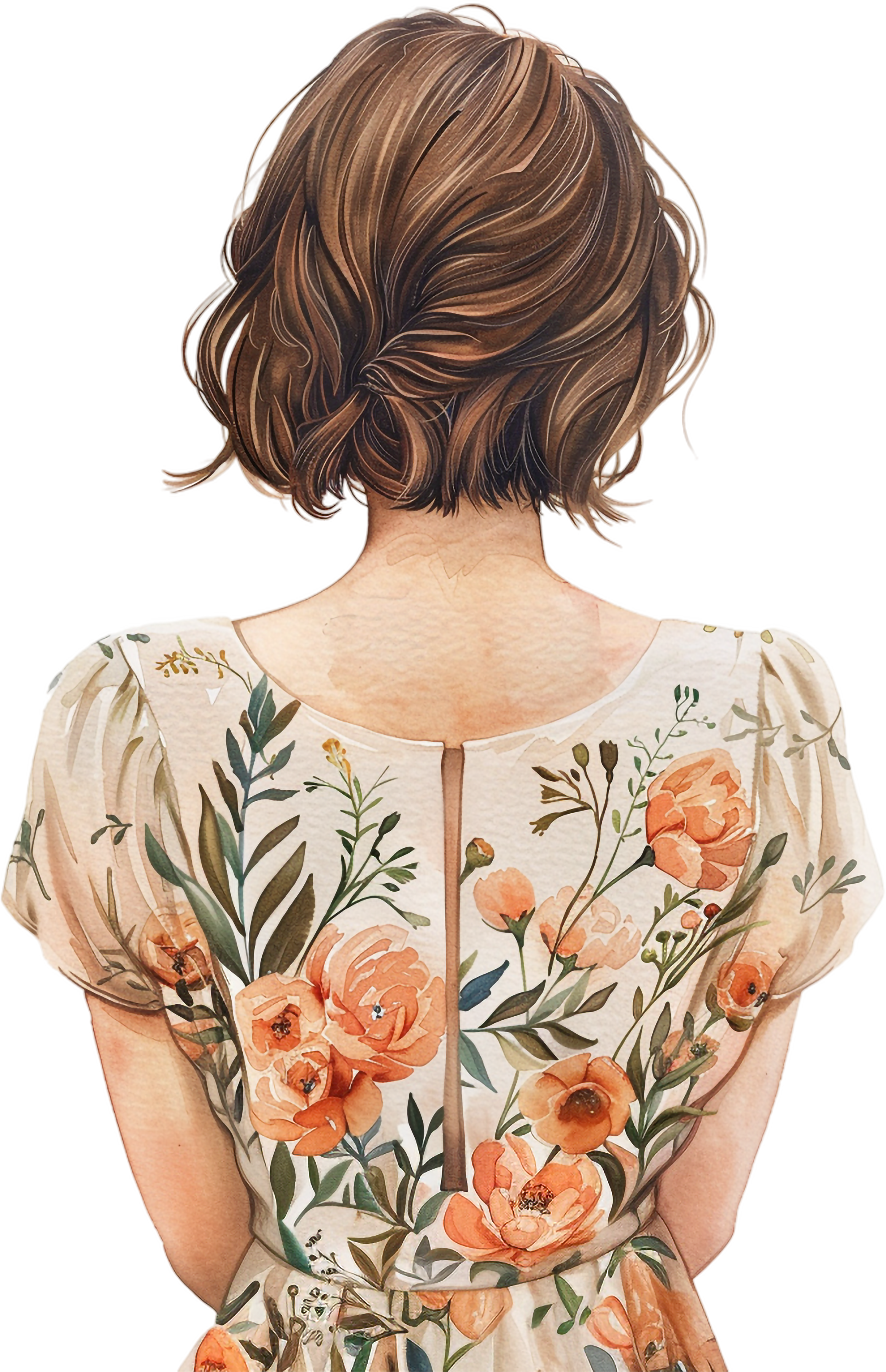 Back view of a woman with short, wavy brown hair wearing a floral dress with orange flowers and green leaves.