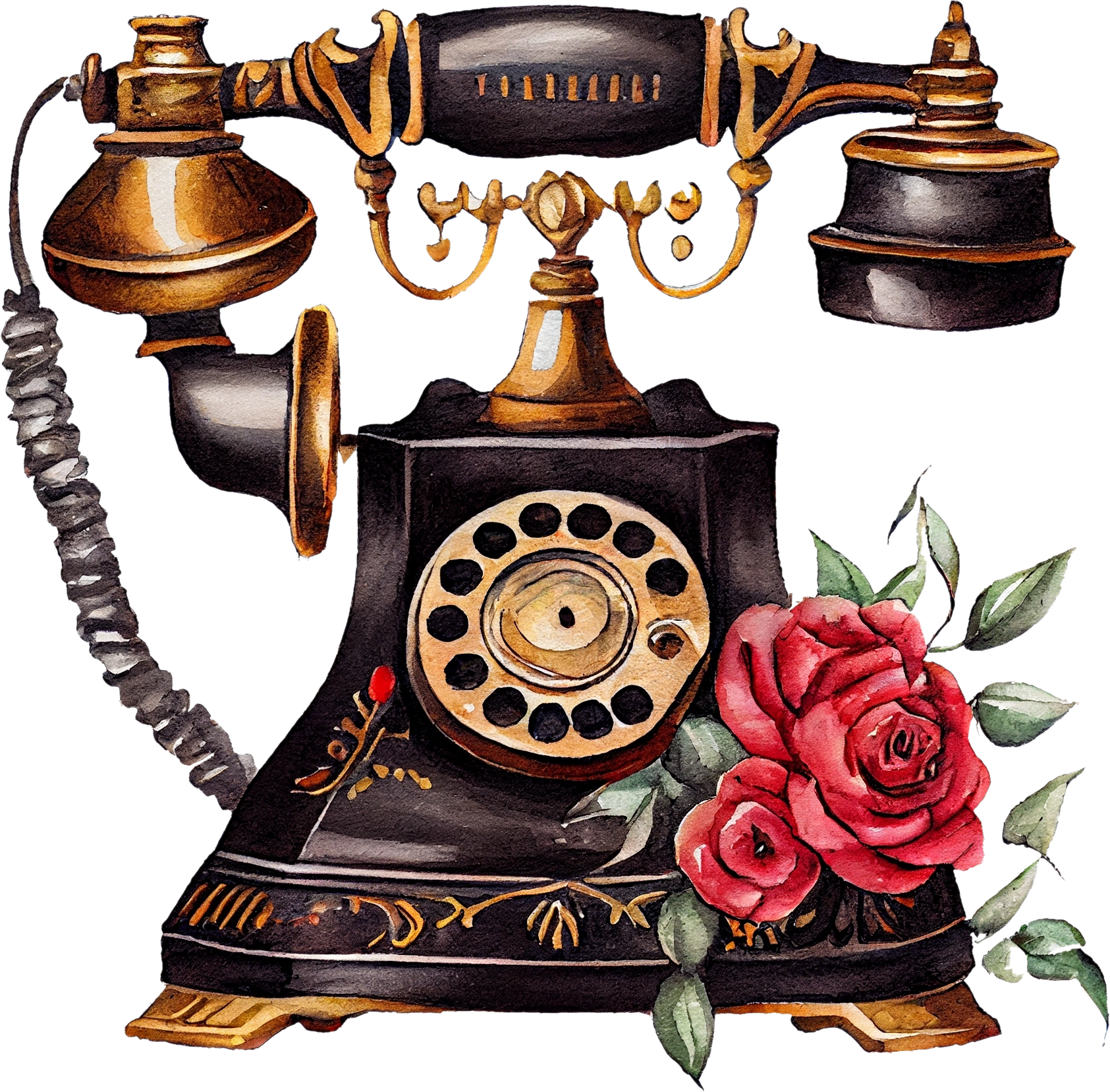 A vintage black rotary telephone decorated with red roses and green leaves.