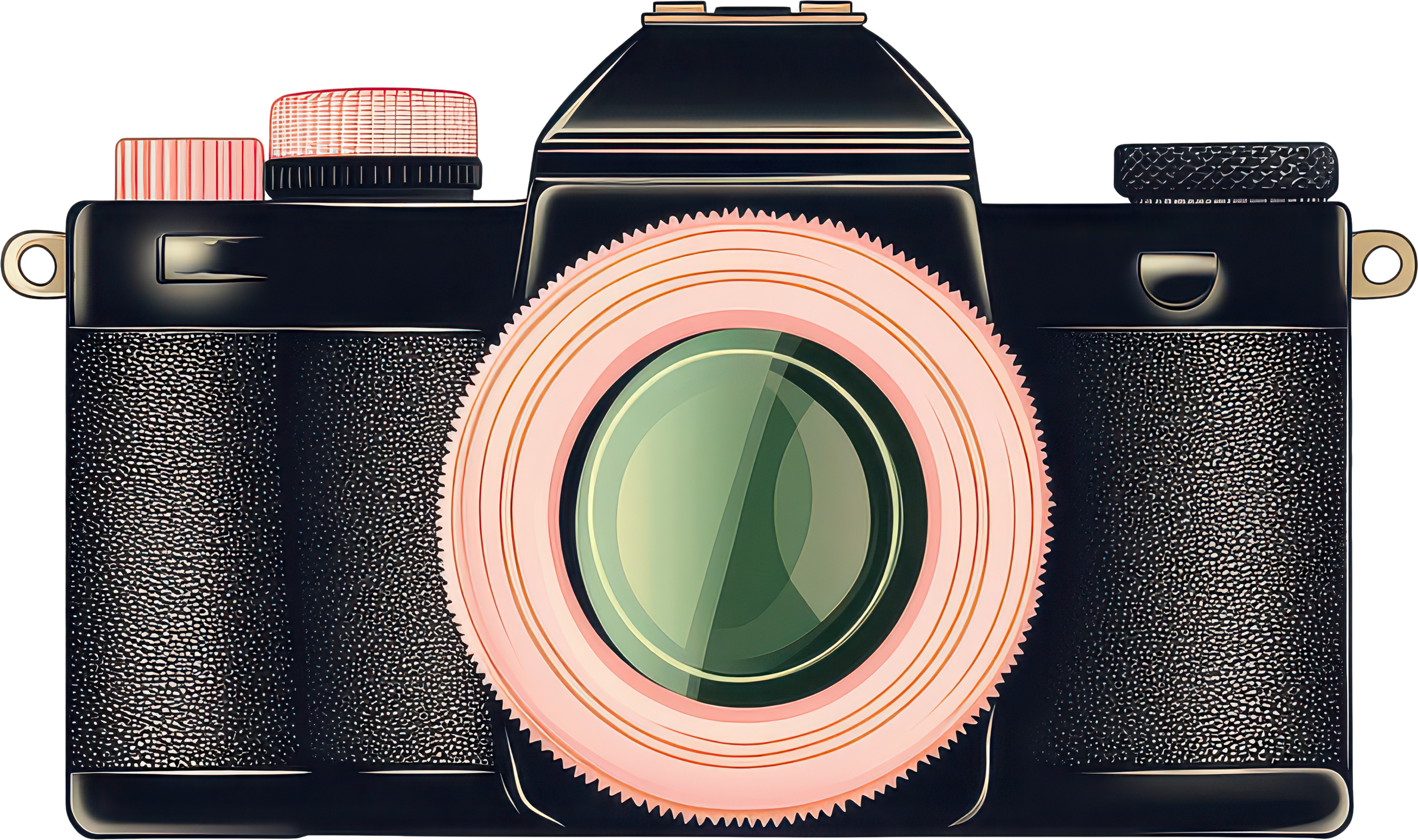 A close-up of a professional digital camera with a textured grip, a large lens, and various controls on top.