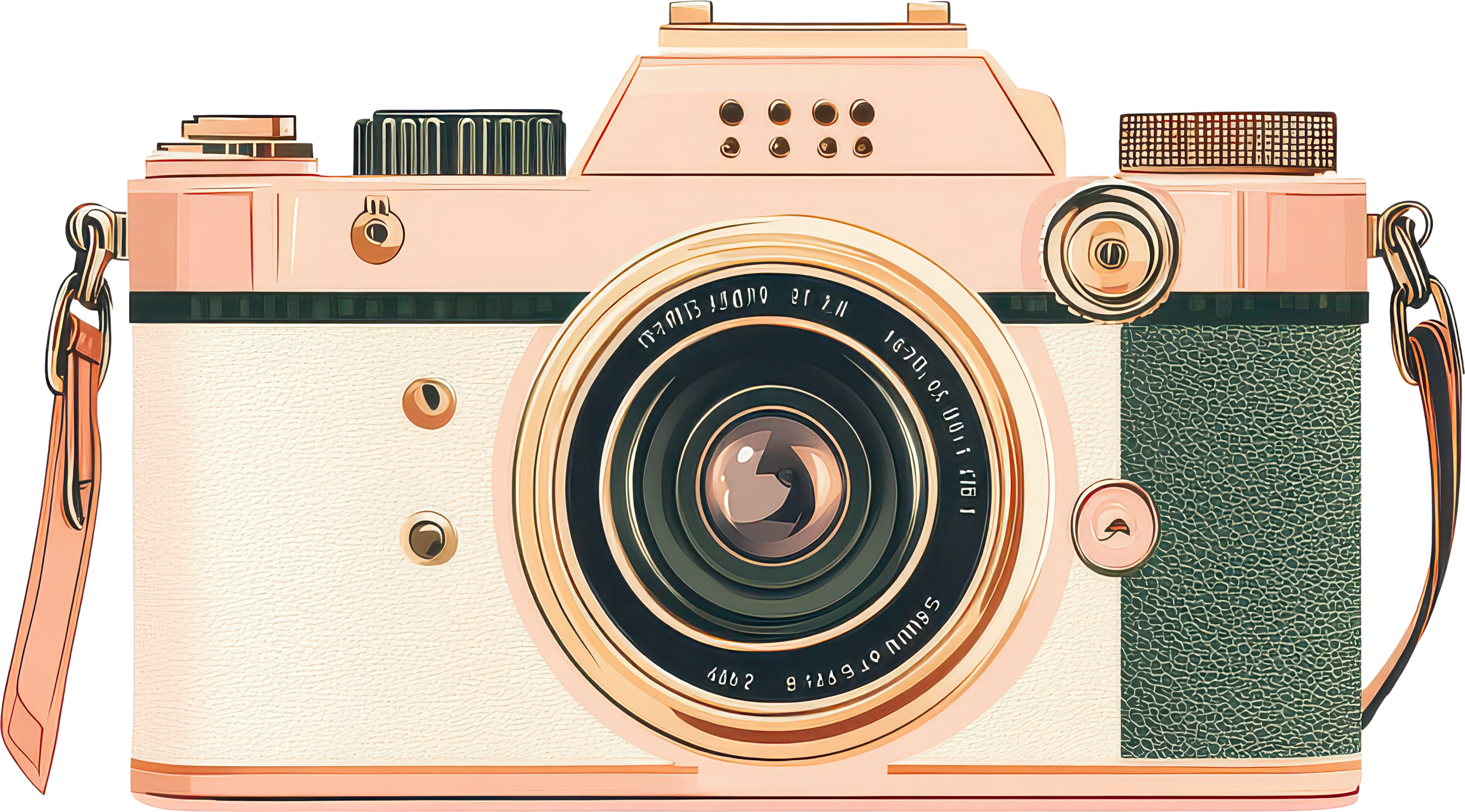 A vintage pink and white camera with a black grip, featuring a large central lens, various dials, and a strap on the side.