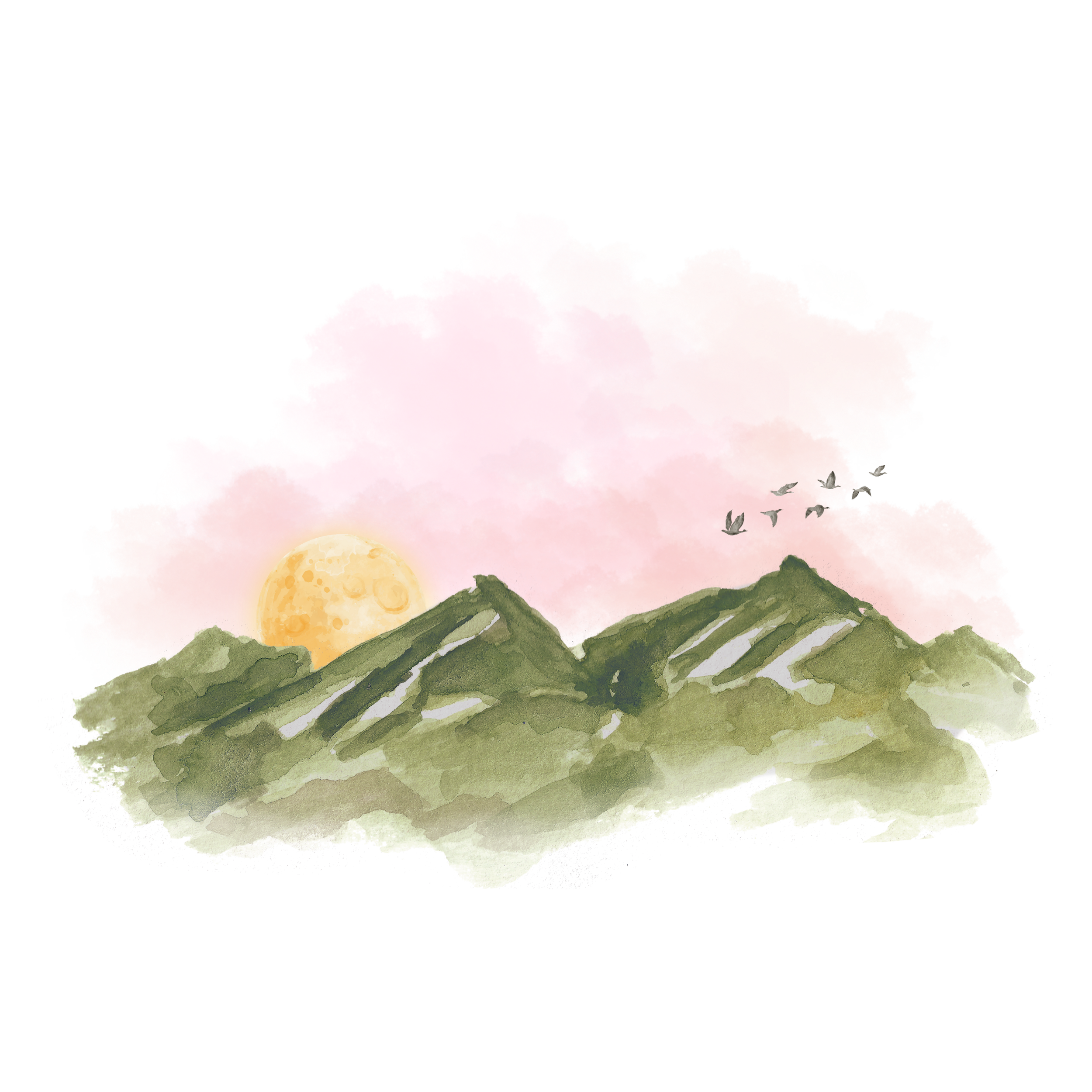 Watercolor painting of mountains with snow caps, a full moon in the sky, pink and orange clouds, and a flock of birds flying.