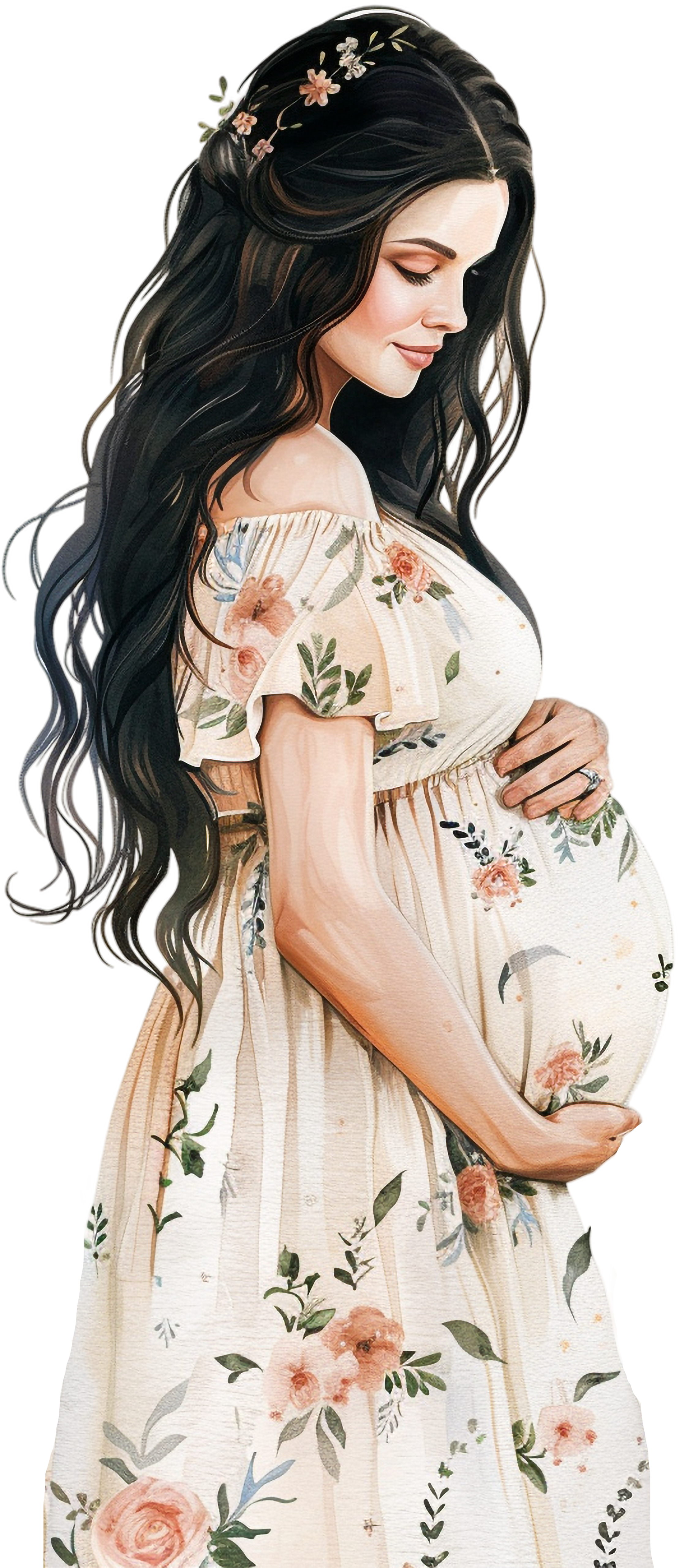 A pregnant woman with long dark hair, wearing a floral off-shoulder dress, smiles softly with her hand on her belly, adorned with flowers in her hair.