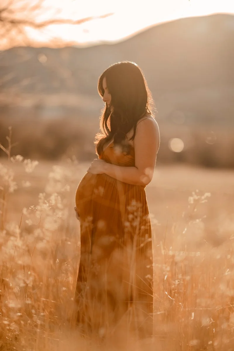 A pregnant woman standing in a field of tall grass during sunset, holding her belly and looking down.
