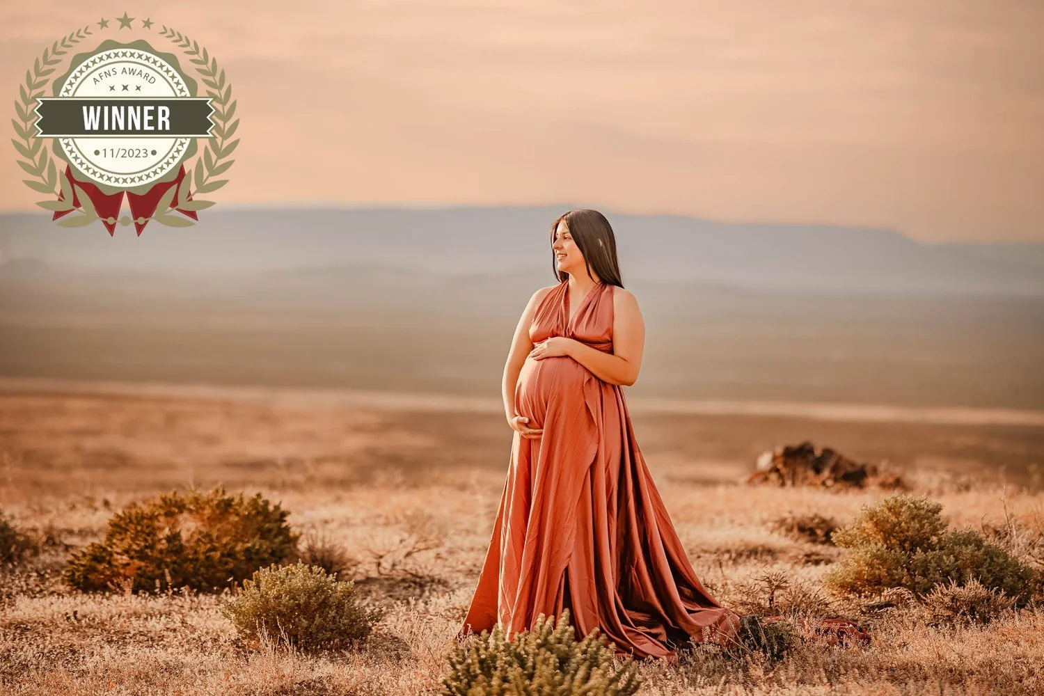 A pregnant woman in a long, flowing, rust-colored dress standing in a desert landscape with bushes and a distant mountain range at sunset, smiling and holding her belly.