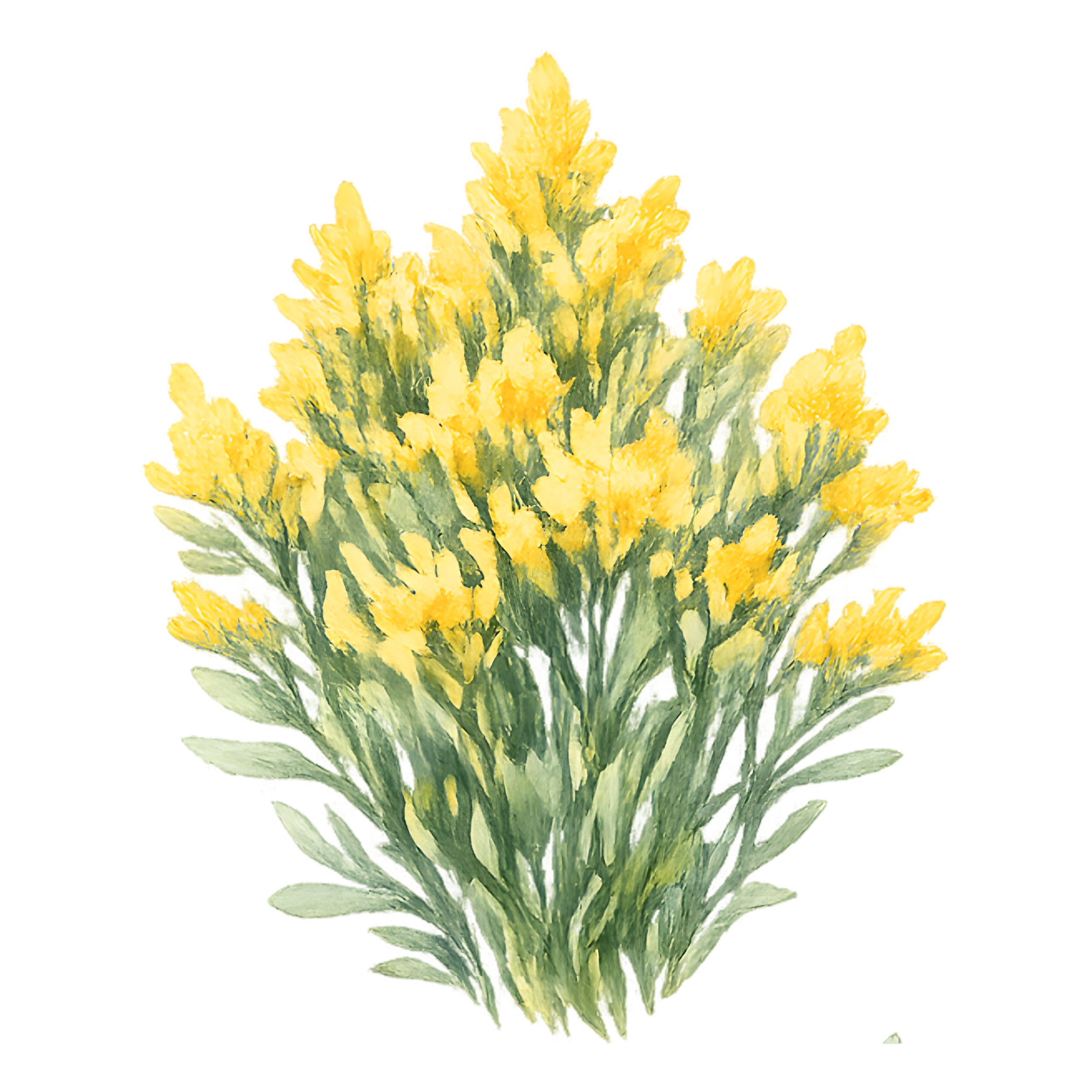 Watercolor painting of a yellow flowering plant with green leaves.