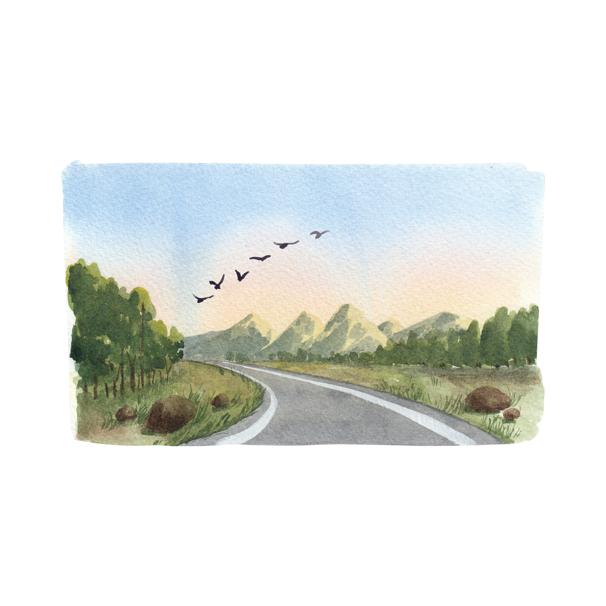 Watercolor painting of a winding road with green trees on the sides, mountains in the background, and birds flying in the sky during sunset.