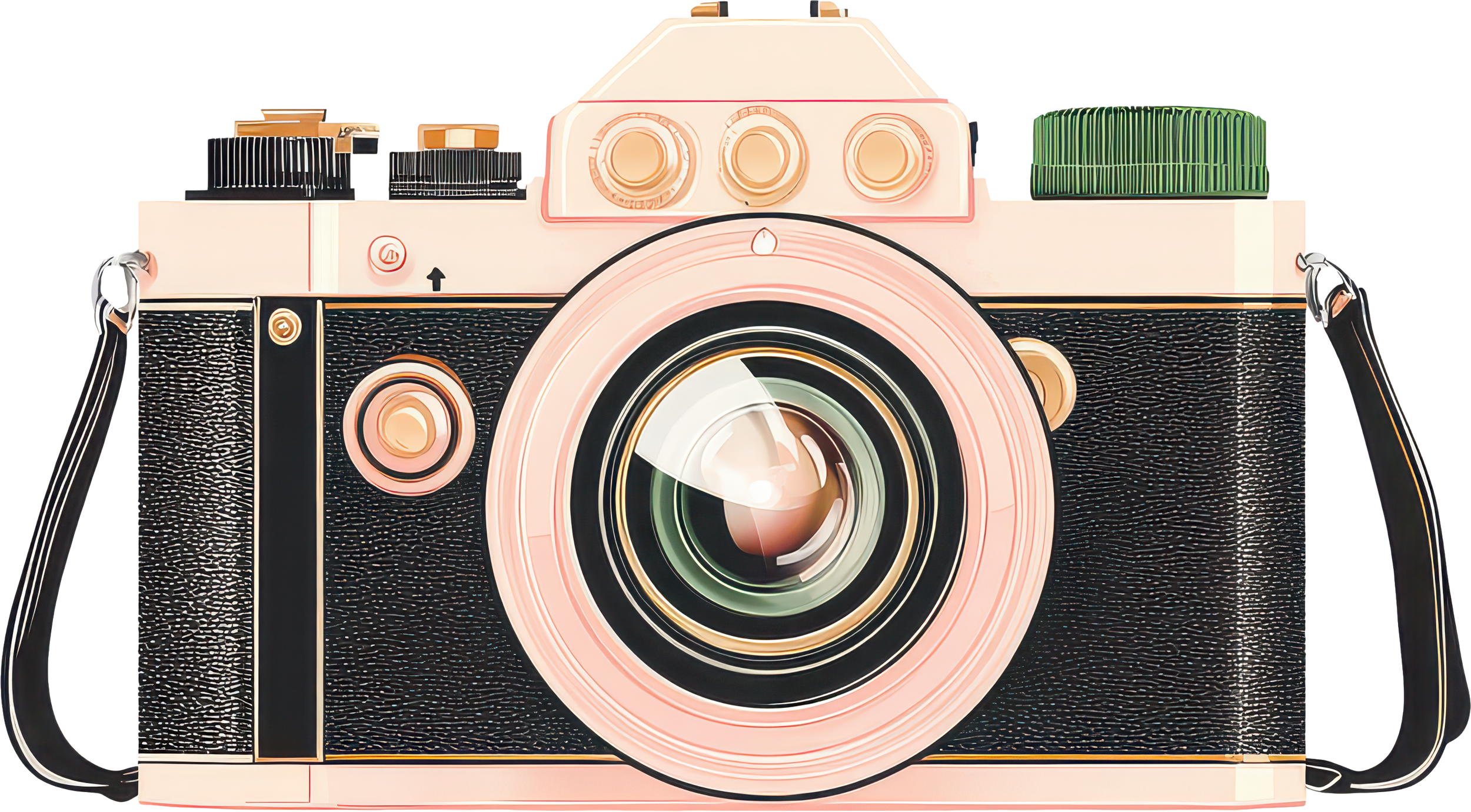 A vintage-style instant camera with a pink and black body, green and black dials, and a large central lens.