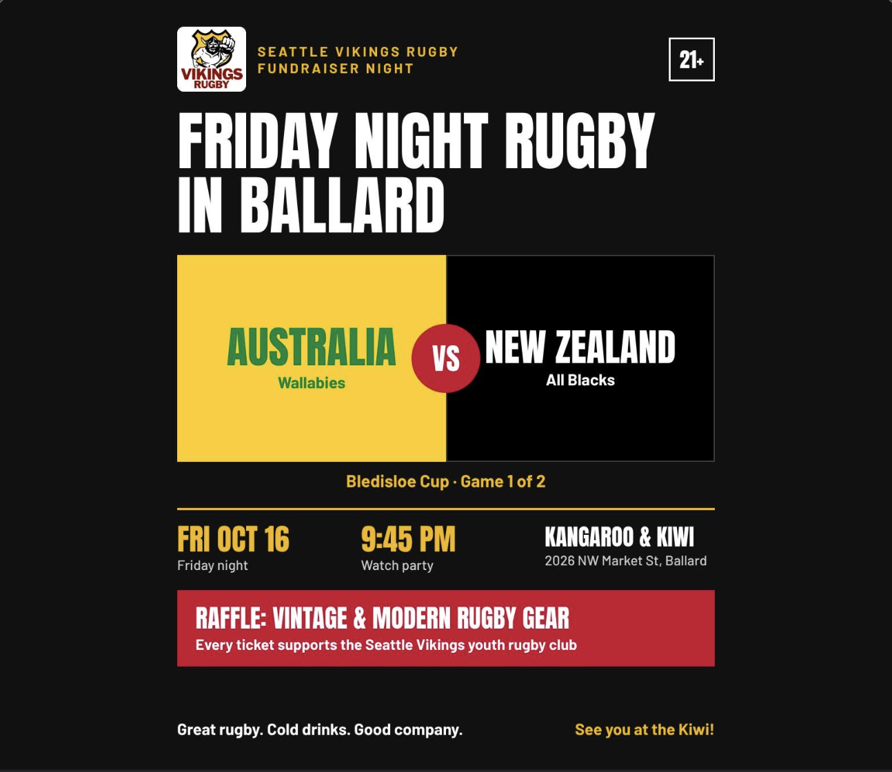 Seattle Vikings fundraiser: Australia vs New Zealand watch party, Friday October 16 at 9:45 PM, Kangaroo & Kiwi in Ballard. Ages 21+.