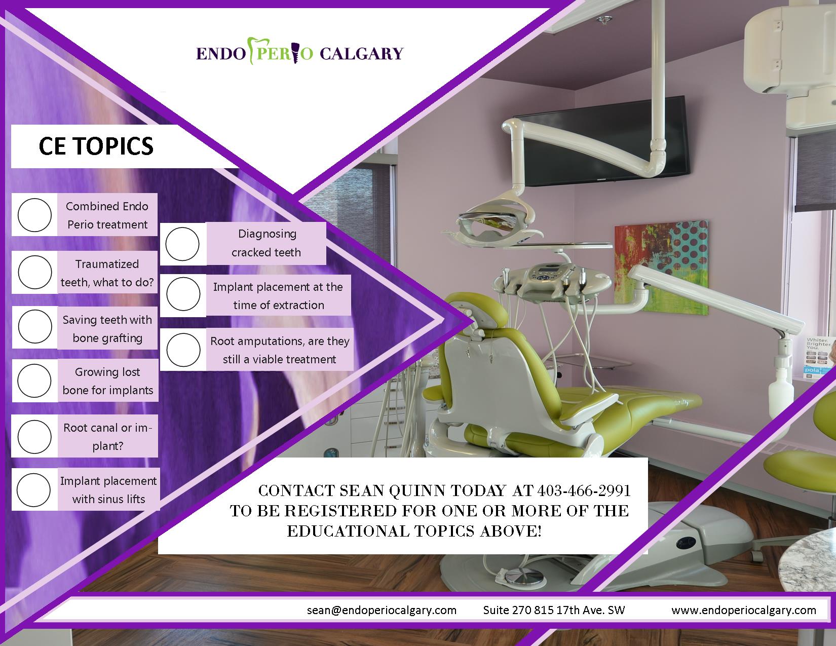 Looking for an opportunity to learn about a variety of topics in the endodontic and periodontal world? We have you covered! Endo Perio Calgary is offering multiple educational sessions to cover the questions and concerns you may have relating to treatments, implants, bone grafting, root canals, and so much more! If this sounds like something you might be interested in learning more about, contact Sean Quinn at 403-466-2991 to be registered for one of the many CE topics that are available. #EndoPerioLunchAndLearn