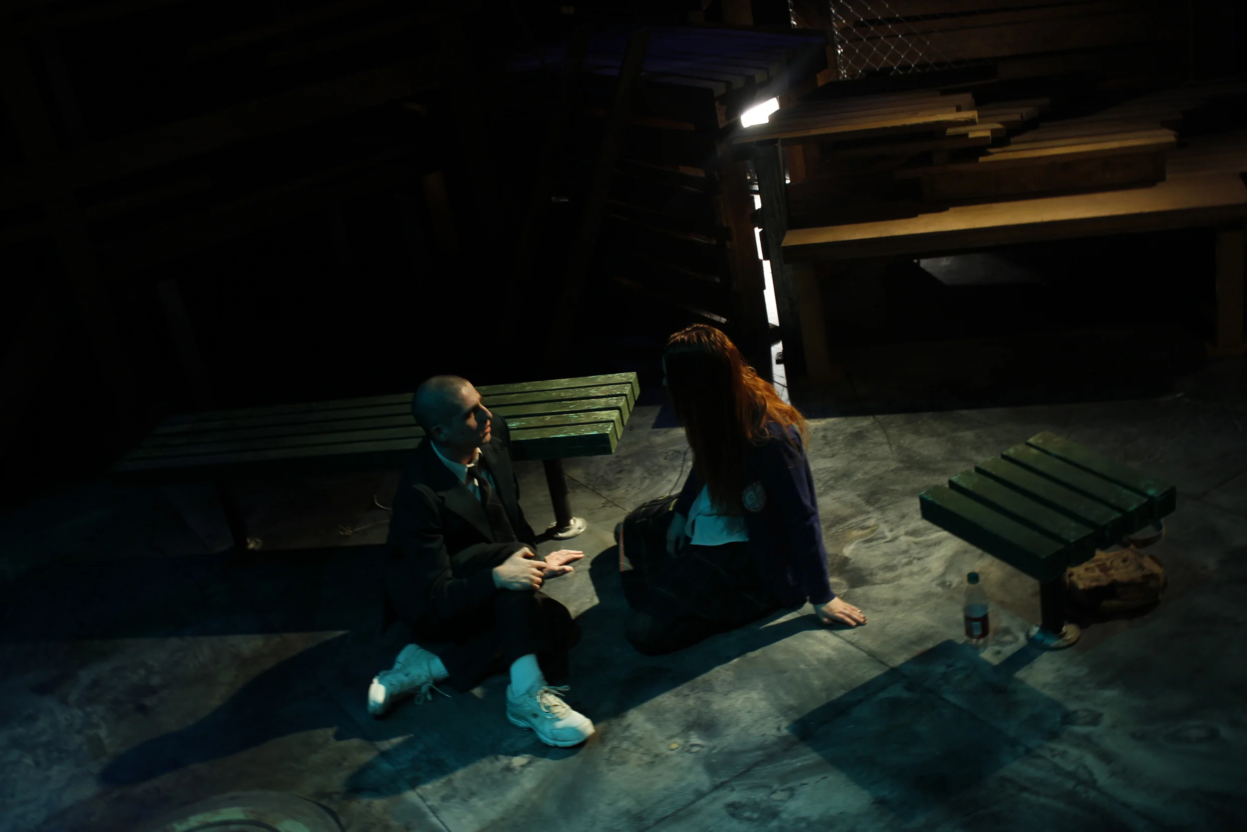  This show’s dark and fragmented design was inspired by its propulsive plot.  A neo-noir schoolyard horror story, the two-character play dives into and out of reality with regularity.   