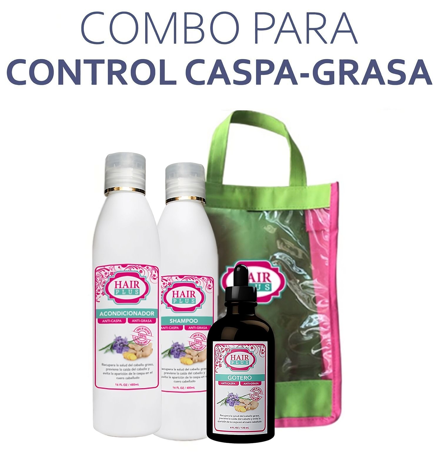 Shampoo 16oz - Conditioner 16oz - Gotero - Bolso (Anti-Caspa / — HAIR PLUS