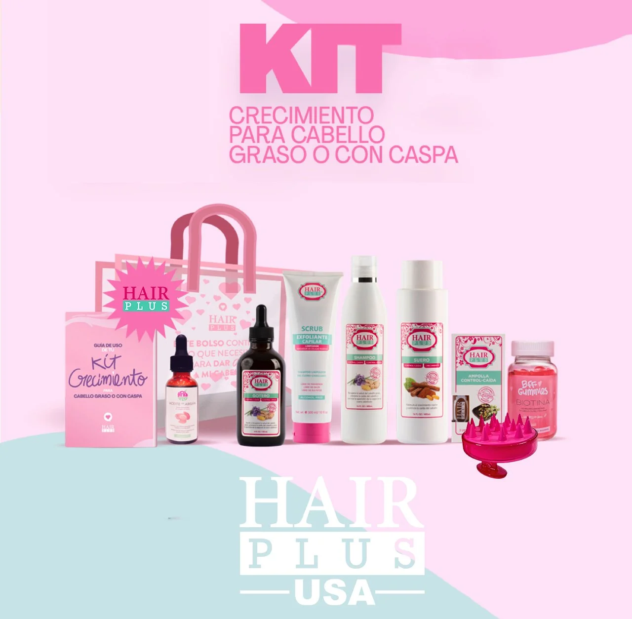 Shampoo A/C  - Suero 16oz - Gotero A/C - Scrub - BFF Gummies - Ampolla Anti-Caida 3pcs - Scalp Bruch - Bolso Nuevo - Guía Kit Graso/Caspa - Mini Aceite de Argán