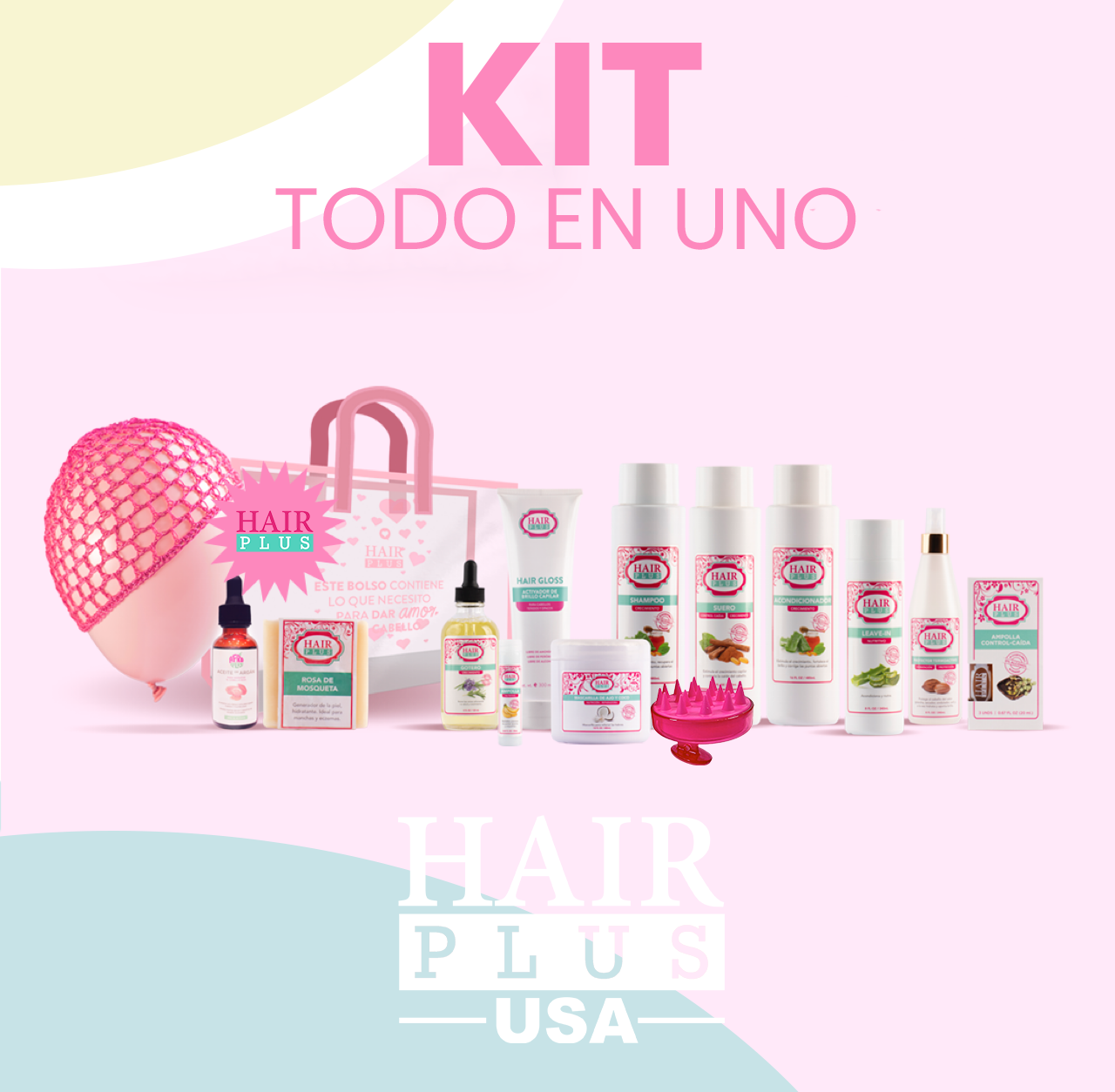 Shampoo 16oz - Conditioner 16oz - Suero 16oz - Mascarilla Ajo y Coco -  Gotero - Scalp - Protector - Ampolla - Hair Gloss - Leave-In - Ampolla Anti-Caida 3pcs -  Bolso  - Mini  Argán- Jabón- Redesilla