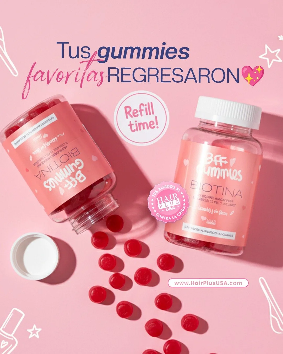 Refill time, babe! 😍 Tus BFF Gummies Biotina est&aacute;n BACK IN STOCK y listas para acompa&ntilde;ar tu rutina diaria.

Ese boost delicioso que tu cabello y u&ntilde;as necesitan para crecer fuertes y radiantes 🌿

No te quedes sin las tuyas otra 