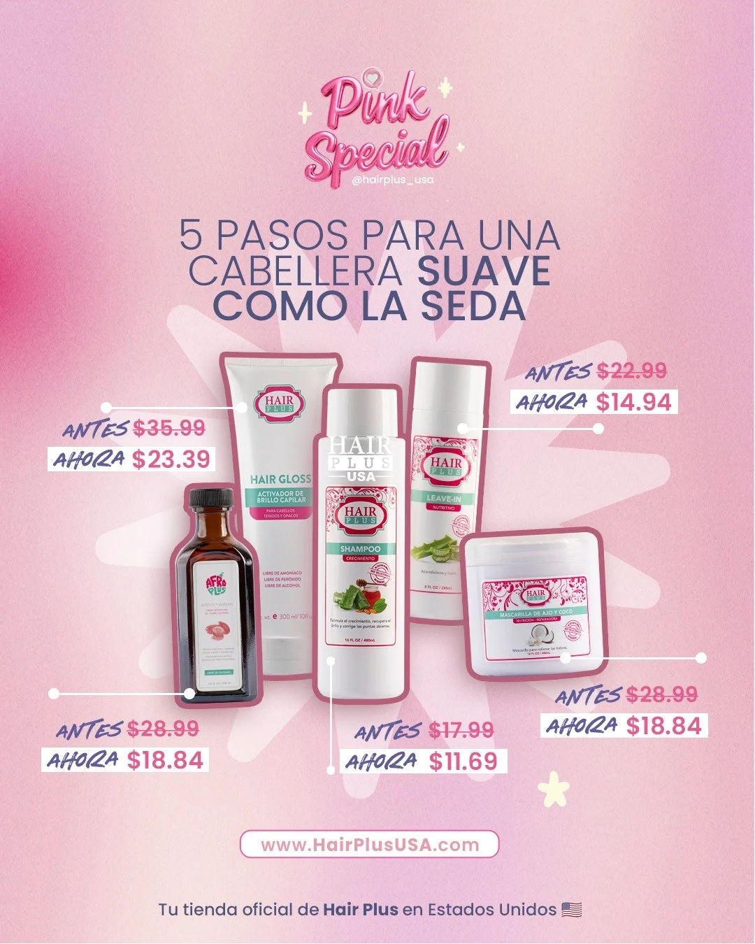 ✨ Pink Special lleg&oacute; para darte el cabello suave como la seda&hellip; &iexcl;pero a precio irresistible! 😍

Aqu&iacute; van tus 5 pasos en OFERTA:

🧴 Hair Gloss &ndash; Activador de brillo
Antes $35.99 &rarr; Ahora $23.39

💧 Aceite de arg&a