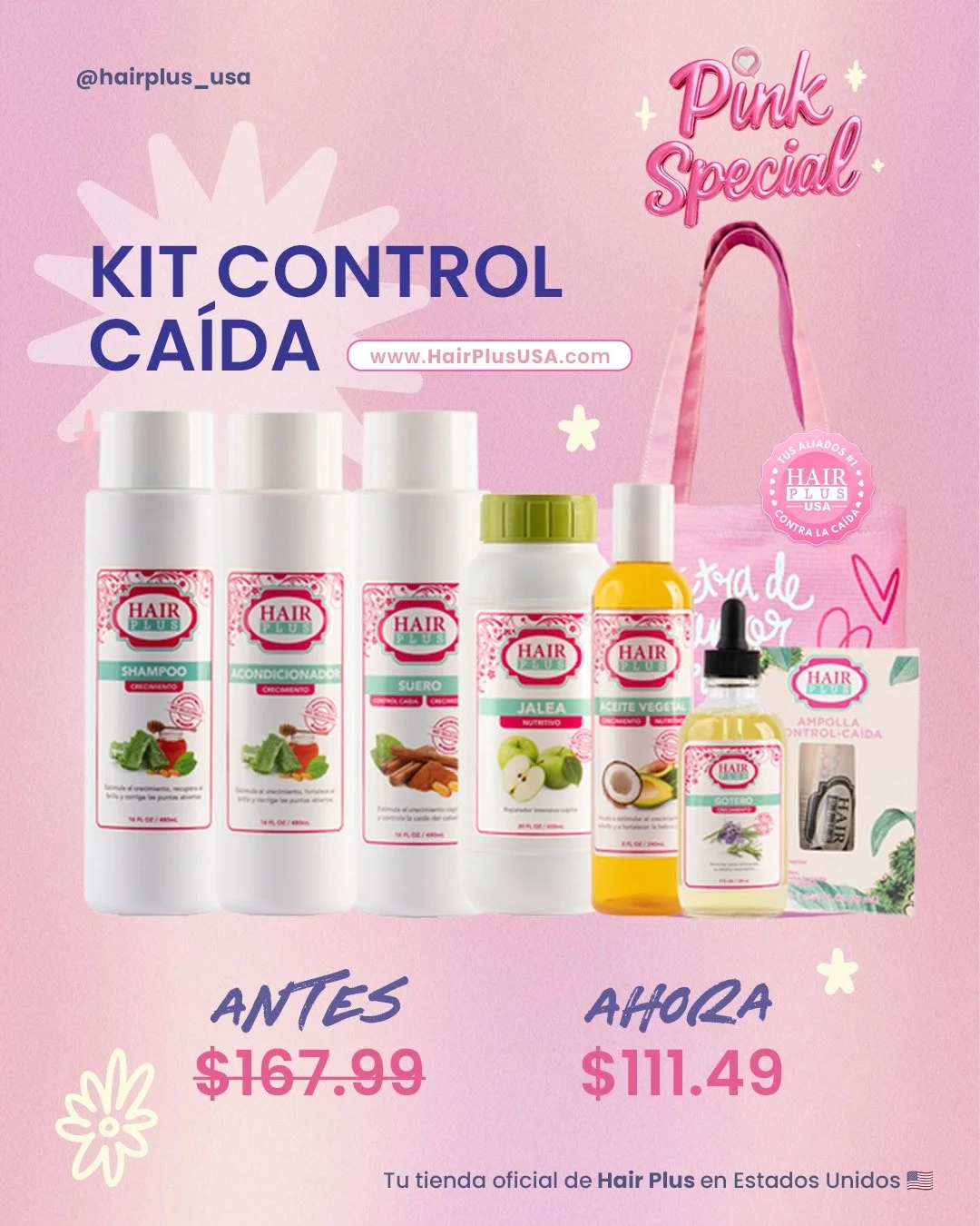 ✨ Tu cabello no tiene por qu&eacute; seguir cay&eacute;ndose.

Hoy puedes llevarte todo el kit completo con un descuento gigante por el Pink Special. 💗

🧴 Kit Control Ca&iacute;da
Antes: $167.99
Ahora: $111.49 🤯

Incluye
💕 Shampoo crecimiento
💕 