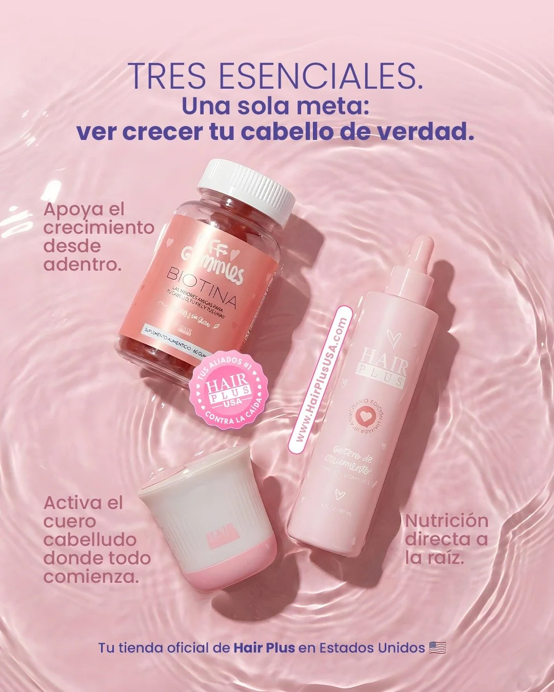 Tres esenciales. Una sola meta: que tu cabello crezca de verdad.

No es suerte.
Es nutrici&oacute;n interna, activaci&oacute;n del cuero cabelludo y estimulaci&oacute;n directa en la ra&iacute;z.
Un sistema completo que trabaja donde empieza el creci