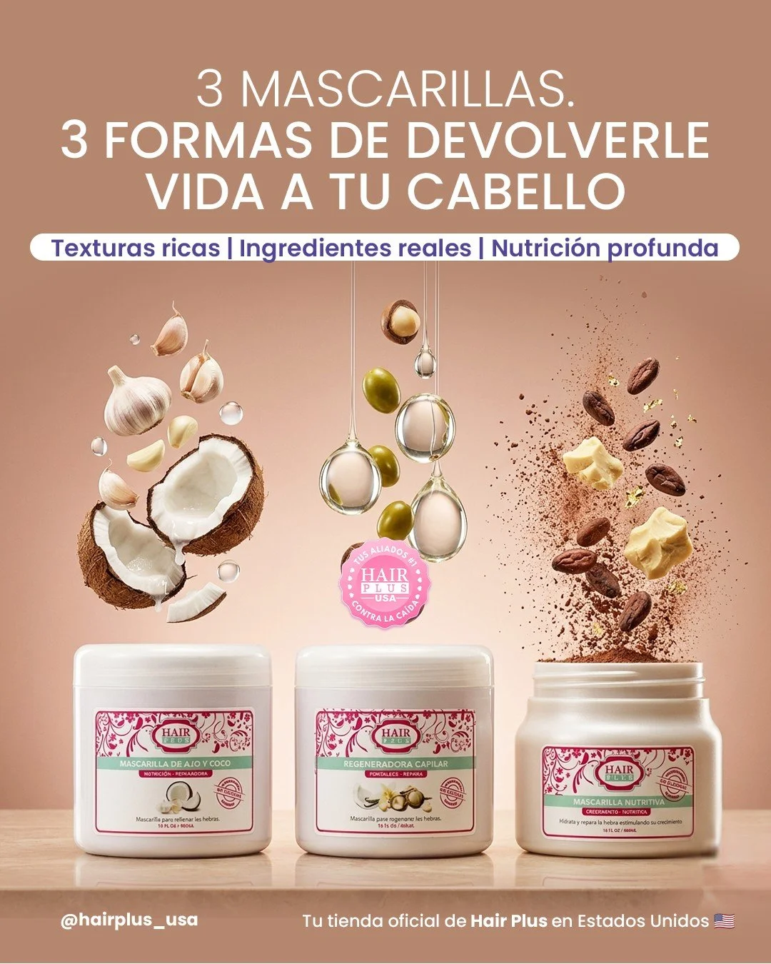 Si tu cabello necesita hidrataci&oacute;n, nutrici&oacute;n profunda o reparaci&oacute;n, tenemos 3 opciones de mascarillas que se adaptan a lo que realmente necesita tu pelo.

🥥 Mascarilla de Ajo &amp; Coco
Ideal para hidratar. Perfecta para hebras