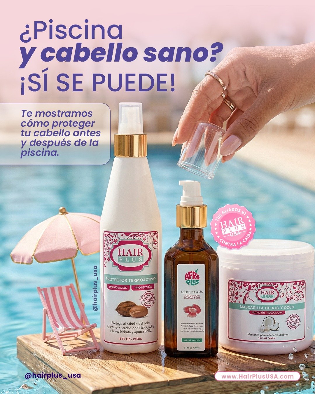 &iquest;Tu cabello se reseca despu&eacute;s de la piscina? 💦☀️

Esta rutina capilar para piscina puede ayudarte a protegerlo antes y recuperarlo despu&eacute;s ✨

💗 Antes: Aceite de Arg&aacute;n
💗 Despu&eacute;s: Mascarilla de Ajo y Coco
💗 Al pei
