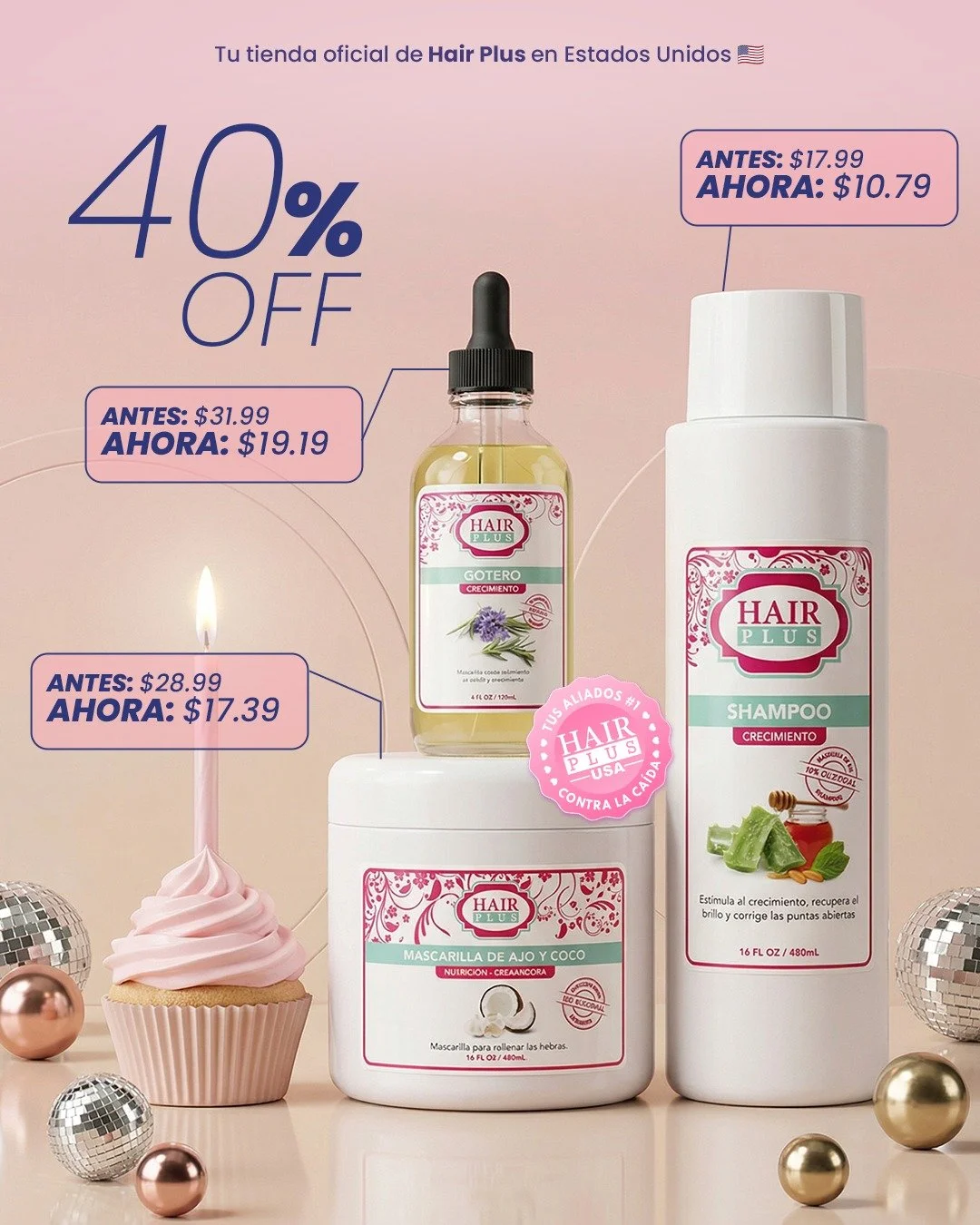 ✨ 40%OFF en Hair Plus: tu rutina capilar ahora cuesta MENOS.

Si est&aacute;s buscando productos para el crecimiento del cabello, reducir la ca&iacute;da y devolver el brillo, este es el momento.

💖 Incluye:
&ndash; Gotero de crecimiento
&ndash; Sha