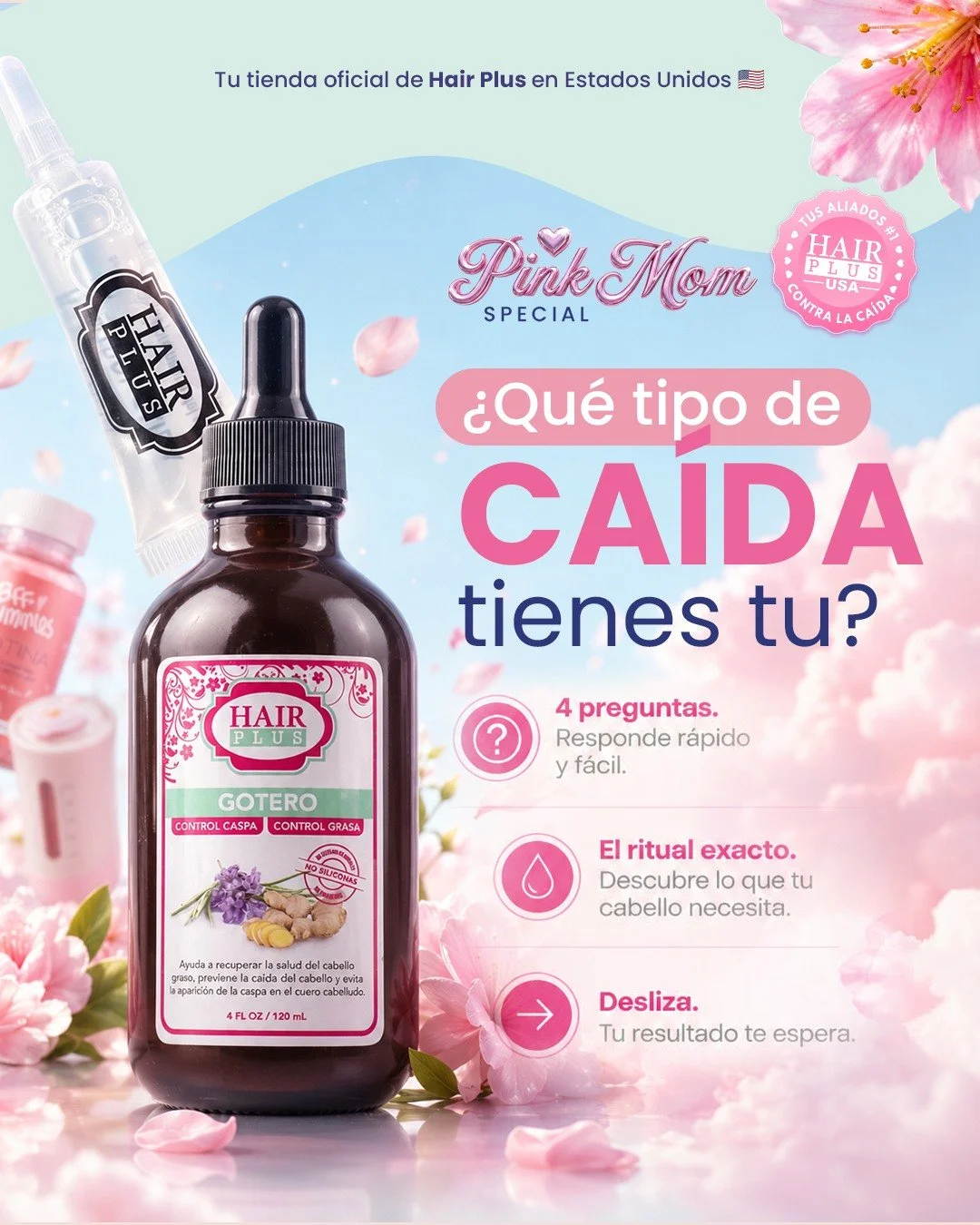 No toda ca&iacute;da de cabello es igual y el producto que funciona para una, puede no funcionar para otra. 

Desliza las 4 preguntas de nuestro test y descubre exactamente qu&eacute; tipo de ca&iacute;da tienes.

&iquest;Lo mejor? Solo por realizar 