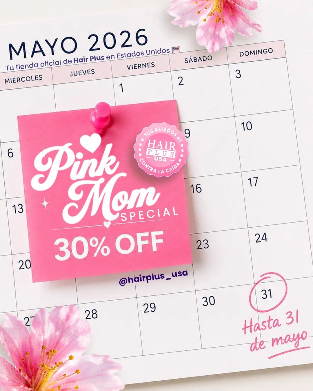 🚨 El Pink Mom Special se acaba... 🇺🇸💖

Faltan muy pocos d&iacute;as para que termine mayo y nos despedimos del 30% OFF en toda la tienda oficial de Hair Plus USA. &iexcl;La oportunidad perfecta para frenar la ca&iacute;da y recuperar la fuerza de