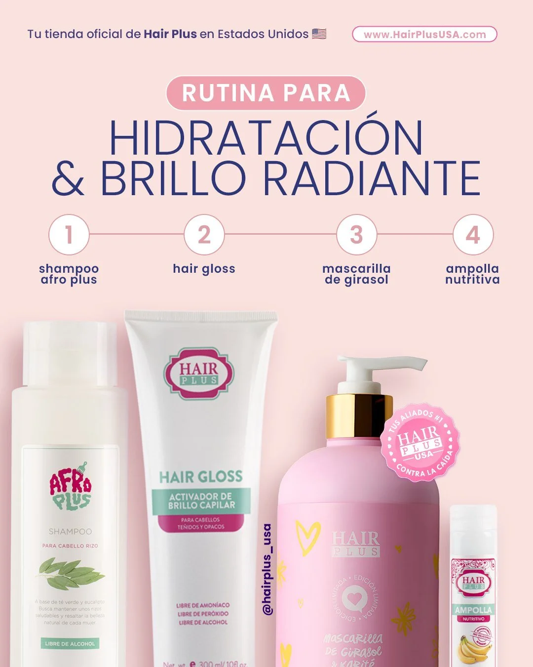 Esta rutina lo tiene TODO para mantener tu melena hidratada, sedosa y llena de vida. 💘

Incluye:
✔ Shampoo Afro Plus para limpiar sin resecar
✔ Hair Gloss para un brillo espectacular
✔ Mascarilla de Girasol para una hidrataci&oacute;n profunda
✔ Amp