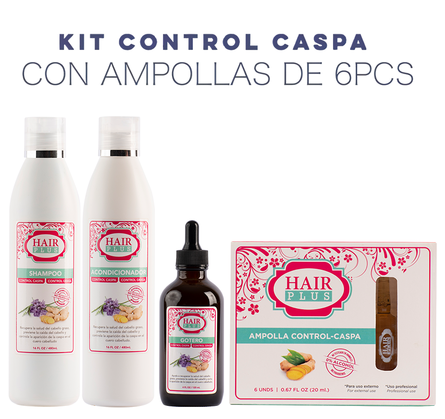 Shampoo A/C 16oz - Conditioner A/C 16oz - Gotero A/C - Ampolla Control-Caspa (6 unidades)