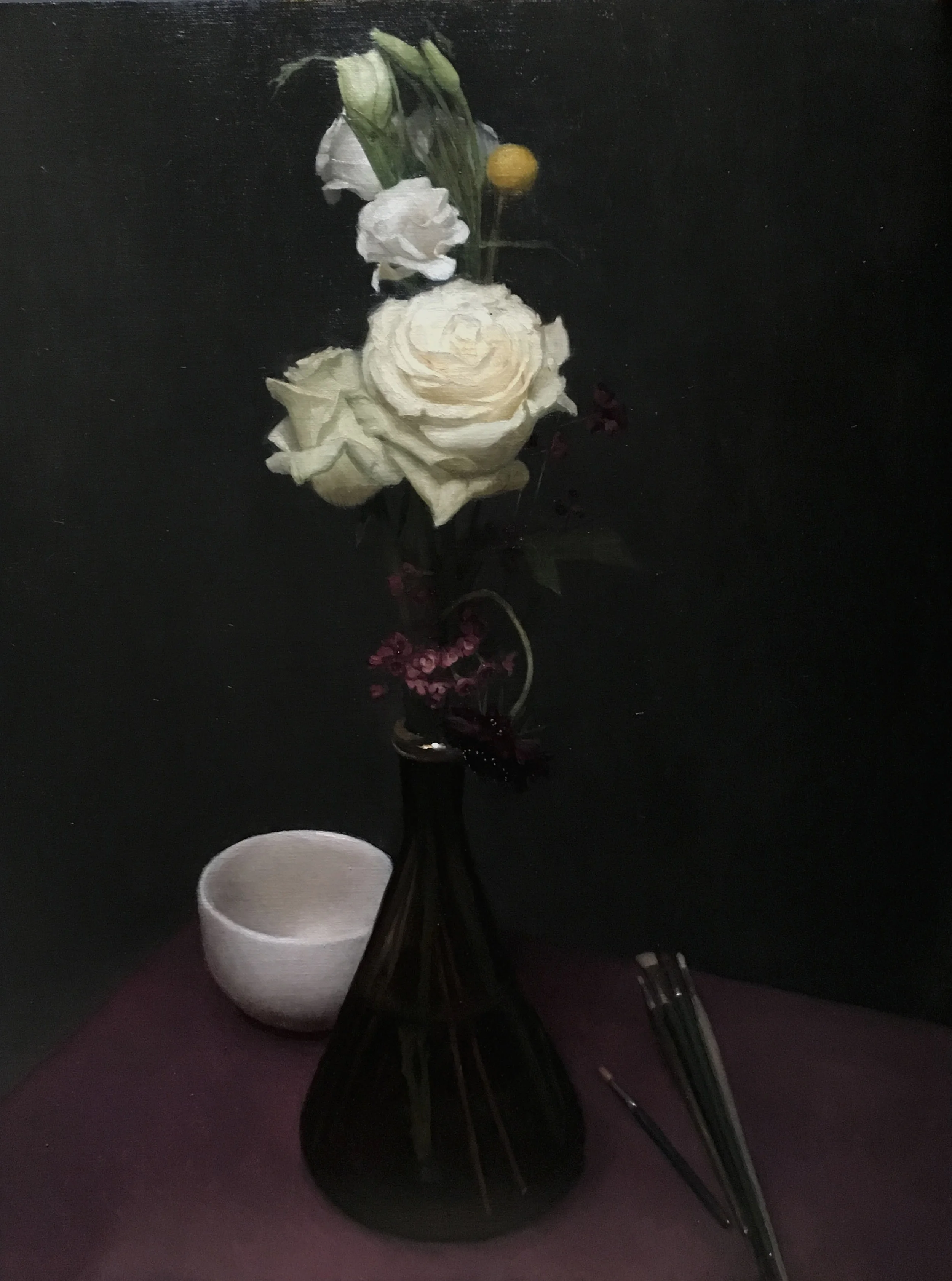 Floral, Brushes and Bowl, oil on canvas, 14x18"