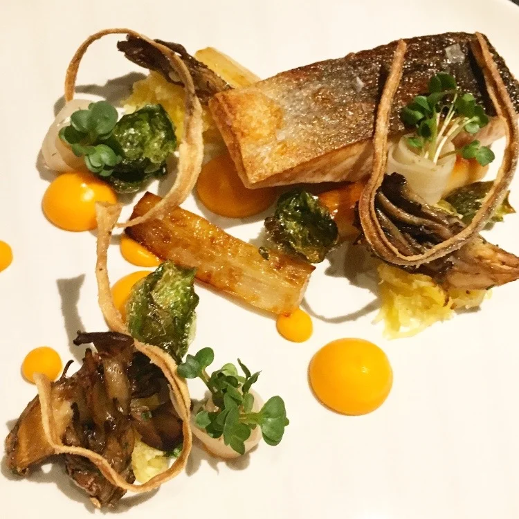 PAN SEARED WILD BC SALMON with sweet potato, salsify, wild mushrooms, spaghetti squash and crispy burdoch