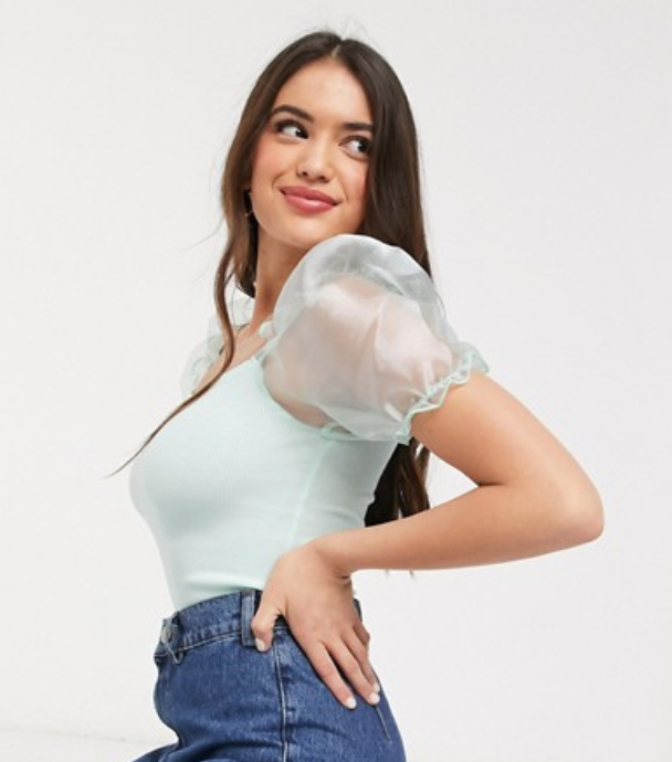 New Look organza puff sleeve top in mint green