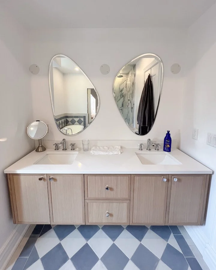 home renovations in toronto - toronto bathroom renovations - victorian bathroom tiles in checkered pattern with oak vanity and irregular mirrors_.jpg