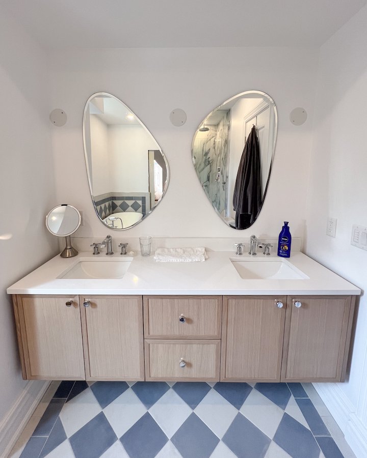 home renovations in toronto - toronto bathroom renovations - victorian bathroom tiles in checkered pattern with oak vanity and irregular mirrors_.jpg