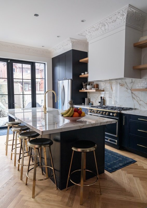 Toronto home renovations - renovating a victorian home - navy kitchen with slim shaker cabinets and la cornue range - la cornue kitchens-2.jpg