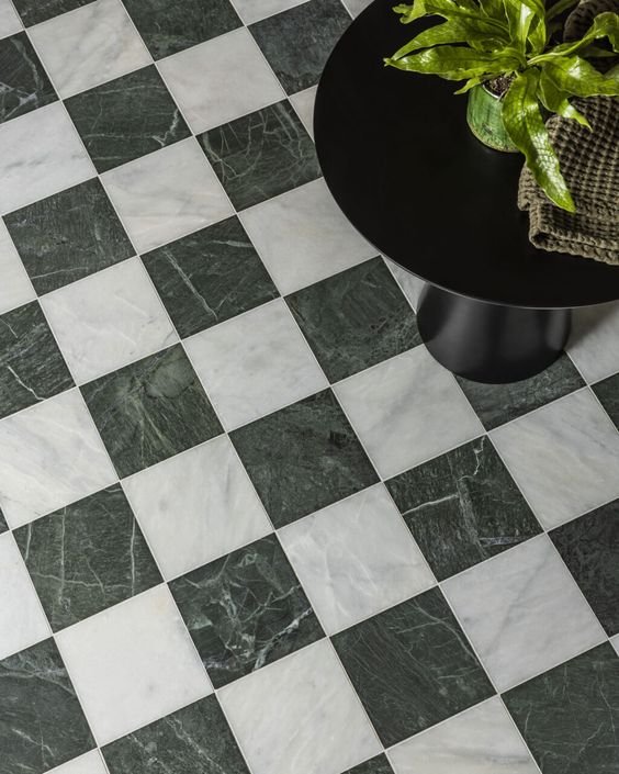 Honed Checkered Marble in Bathroom - Credit: Mandarine Stone