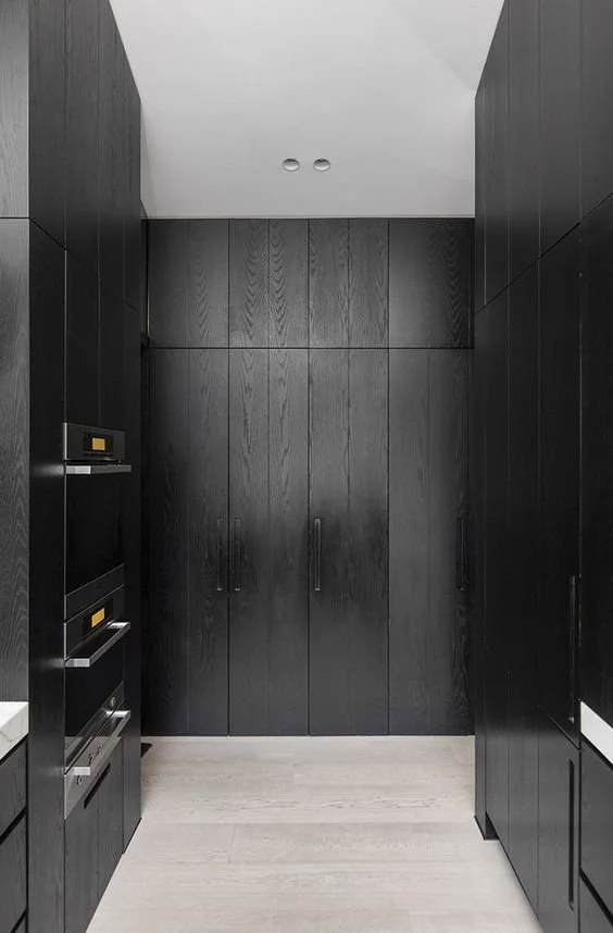 kitchen trends 2023 2024 - quiet luxury - black kitchen cabinets with wood grain - modern kitchen design